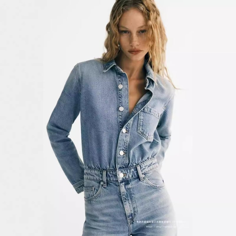 Γυναικεία ολόσωμη φόρμα τζιν, Street Hipster στυλ, πλυμένη, μακριά μανίκια, ίσιες παντελόνες