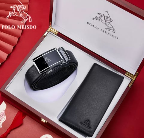 Set curea și portofel din piele naturală, piele din primul strat, cataramă din aliaj, lățime 2-4 cm