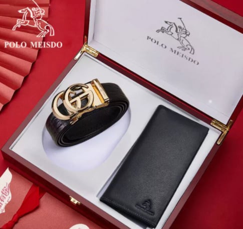 Set curea și portofel din piele naturală, piele din primul strat, cataramă din aliaj, lățime 2-4 cm