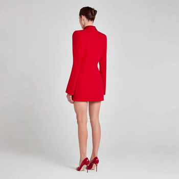 Γυναικείο μονοκόμματο φόρεμα‑κοστούμι με V-λαιμό, σατινέ πολυεστέρας, μακριά μανίκια, μέση στη γραμμή, μονοκόμματη κατασκευή, κομψό επαγγελματικό στυλ