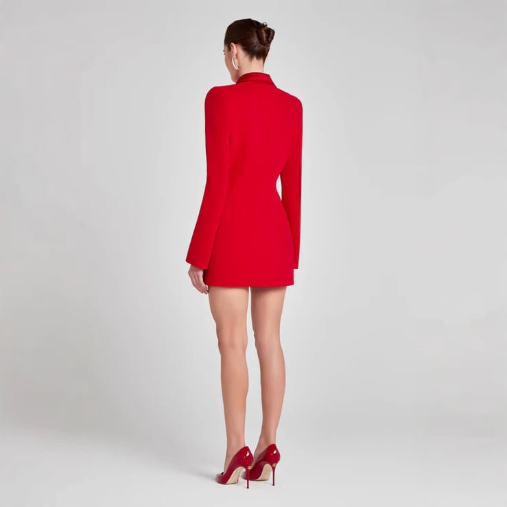 Γυναικείο μονοκόμματο φόρεμα‑κοστούμι με V-λαιμό, σατινέ πολυεστέρας, μακριά μανίκια, μέση στη γραμμή, μονοκόμματη κατασκευή, κομψό επαγγελματικό στυλ