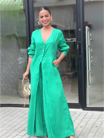 Ολόσωμη φόρμα με μακριά μανίκια, μεσαία μέση, φαρδιά παντελόνια (πολυεστέρας)