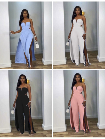 Ženski jumpsuit s V izrezom, otvoreni detalji, bez leđa, visokim strukom, panelni dizajn