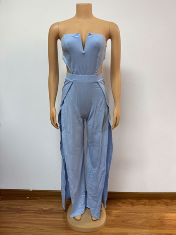 Ženski jumpsuit s V izrezom, otvoreni detalji, bez leđa, visokim strukom, panelni dizajn