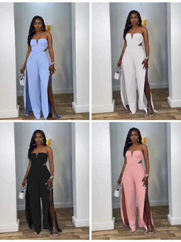 Ženski jumpsuit s V izrezom, otvoreni detalji, bez leđa, visokim strukom, panelni dizajn