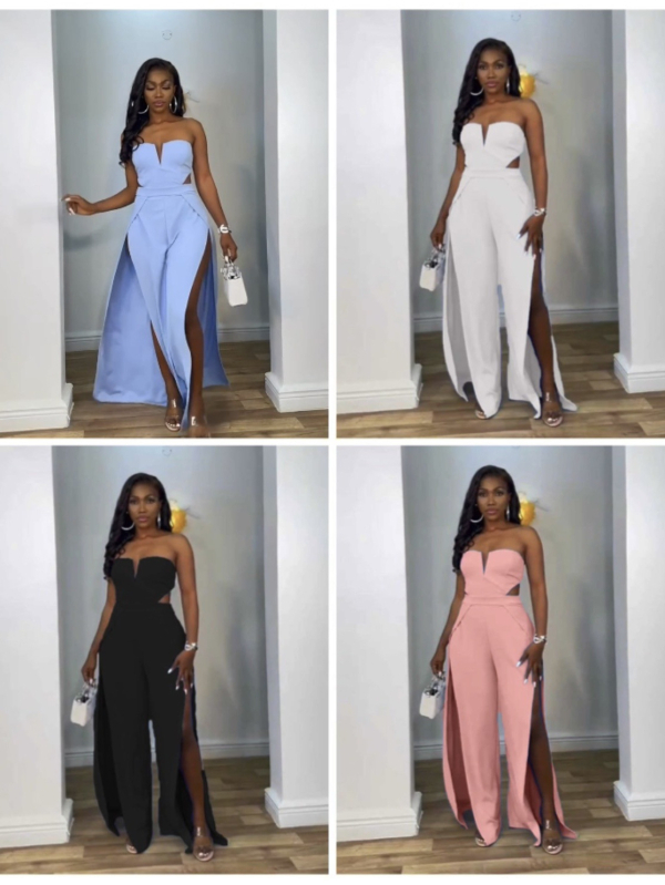 Ženski jumpsuit s V izrezom, otvoreni detalji, bez leđa, visokim strukom, panelni dizajn