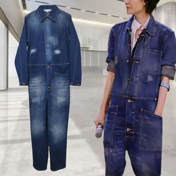 Γυναικεία denim ολόσωμη φόρμα με μακριά μανίκια, μεσαία μέση, ίσιο παντελόνι, casual