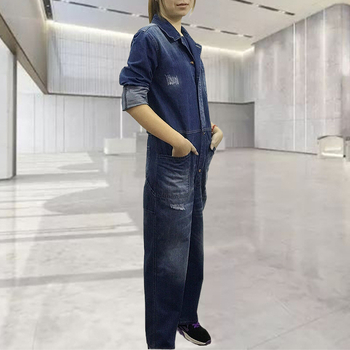 Γυναικεία denim ολόσωμη φόρμα με μακριά μανίκια, μεσαία μέση, ίσιο παντελόνι, casual
