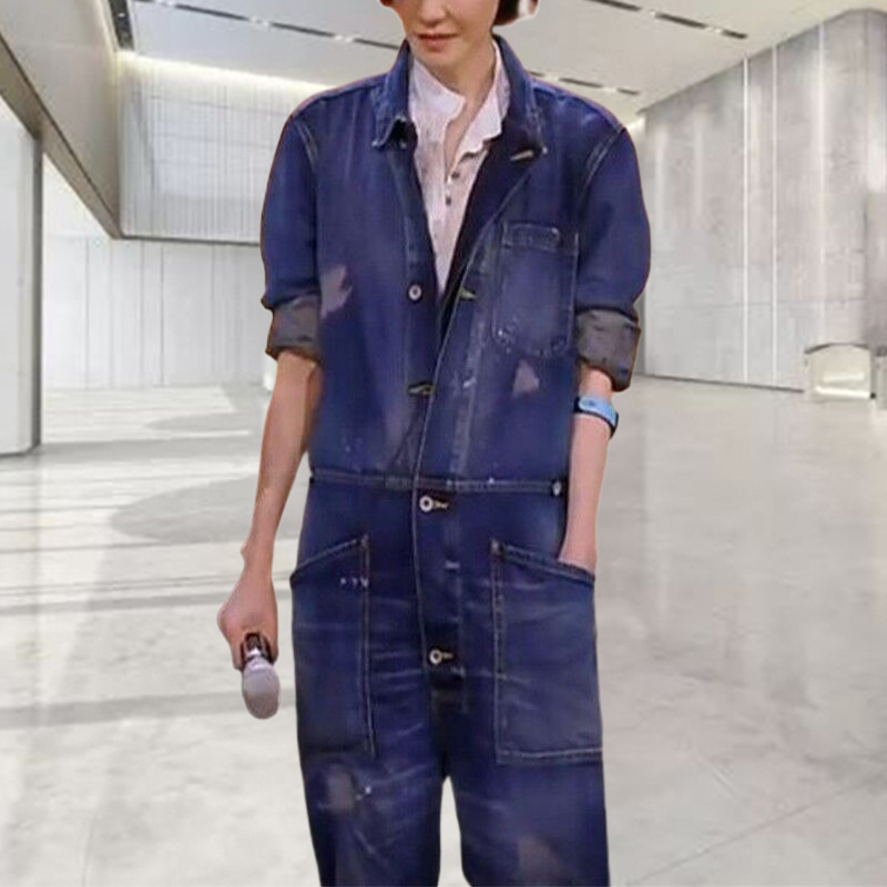 Γυναικεία denim ολόσωμη φόρμα με μακριά μανίκια, μεσαία μέση, ίσιο παντελόνι, casual