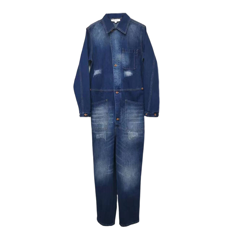 Γυναικεία denim ολόσωμη φόρμα με μακριά μανίκια, μεσαία μέση, ίσιο παντελόνι, casual