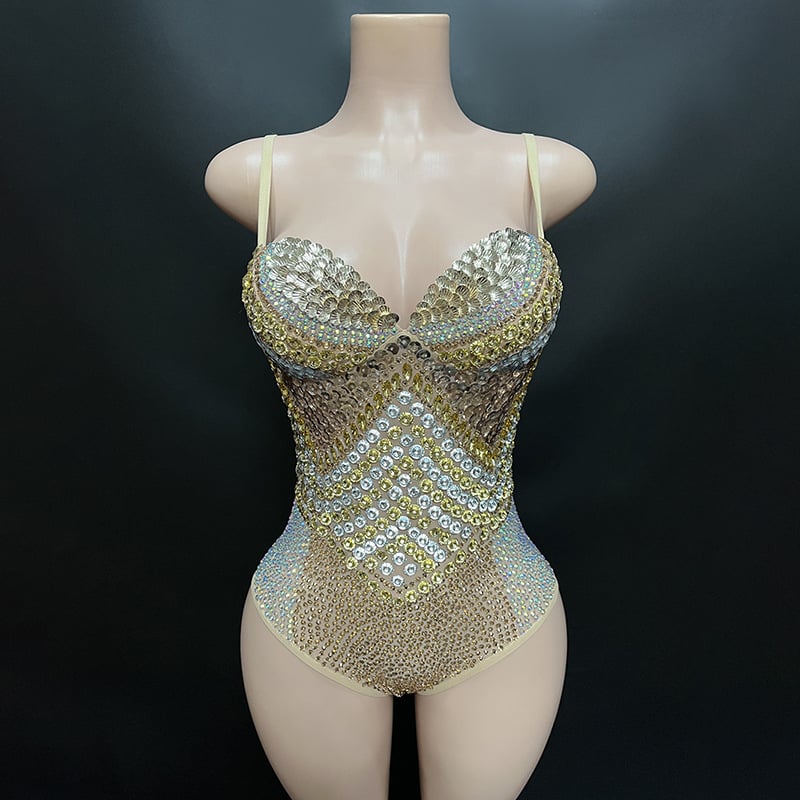 Ολόσωμο φόρμα από σπάντεξ με στρας, χωρίς μανίκια, ψηλή μέση, στενή γραμμή