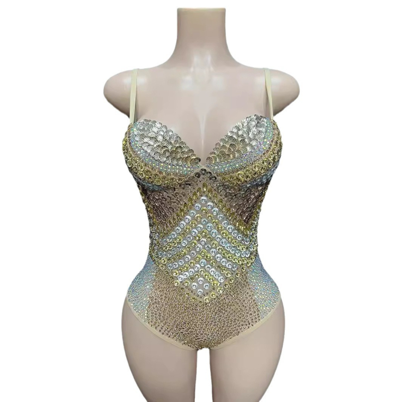 Ολόσωμο φόρμα από σπάντεξ με στρας, χωρίς μανίκια, ψηλή μέση, στενή γραμμή