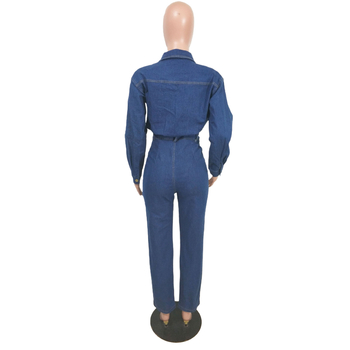 Γυναικεία denim ολόσωμη φόρμα – μακριά μανίκια, μεσαία μέση, στενή γραμμή, ελαστικό ντένιμ, λεπτομέρειες ραφής, street style