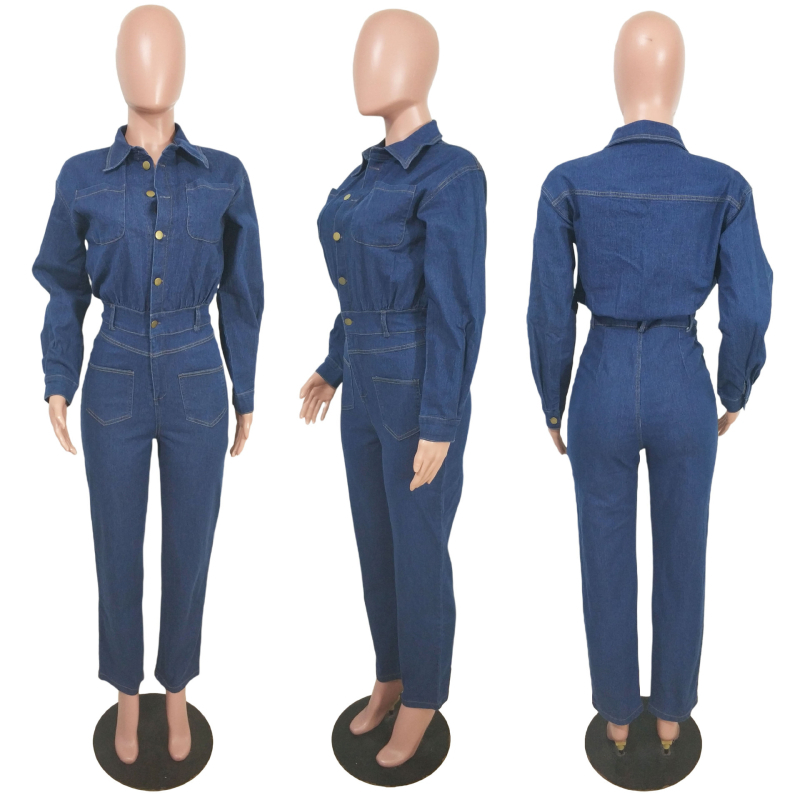 Γυναικεία denim ολόσωμη φόρμα – μακριά μανίκια, μεσαία μέση, στενή γραμμή, ελαστικό ντένιμ, λεπτομέρειες ραφής, street style