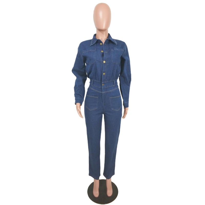 Γυναικεία denim ολόσωμη φόρμα – μακριά μανίκια, μεσαία μέση, στενή γραμμή, ελαστικό ντένιμ, λεπτομέρειες ραφής, street style