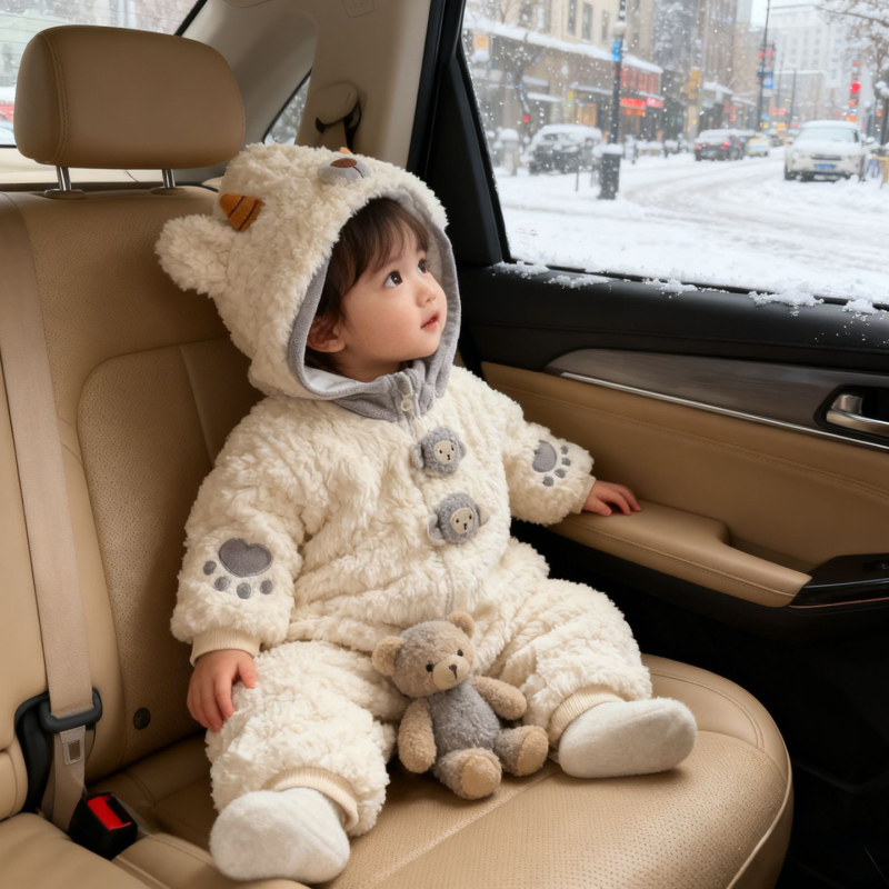 Бебешки зимен гащеризон с качулка – дебел филц, дълги ръкави, 100% полиестер, за новородени