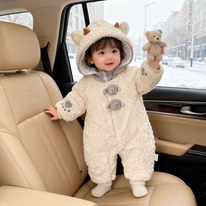 Бебешки зимен гащеризон с качулка – дебел филц, дълги ръкави, 100% полиестер, за новородени