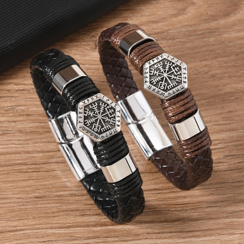 Unisex vintage kožni pleteni narukvica s magnetskim zatvaračem; ručno pleteno; geometrijski oblik; materijal Cortical