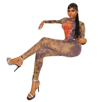 Salopetă damă cu imprimeu și blocare de culoare, mâneci lungi, decolteu rotund, croială slim-fit, talie medie, material Milk Silk