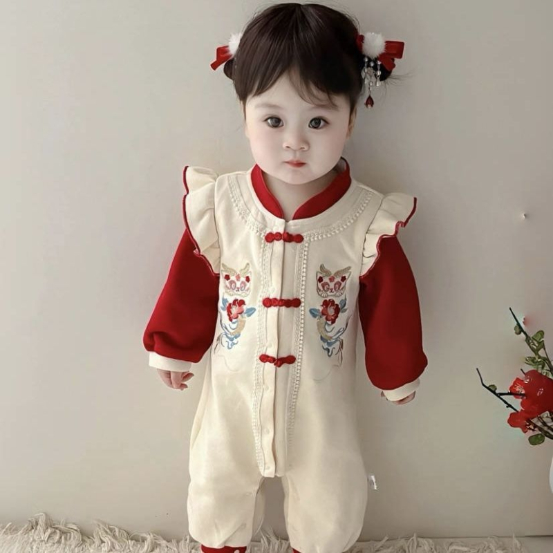 Novorođenčki pamučni kombinezon, unisex, kratki rukavi, kineski stil, proljeće 2025