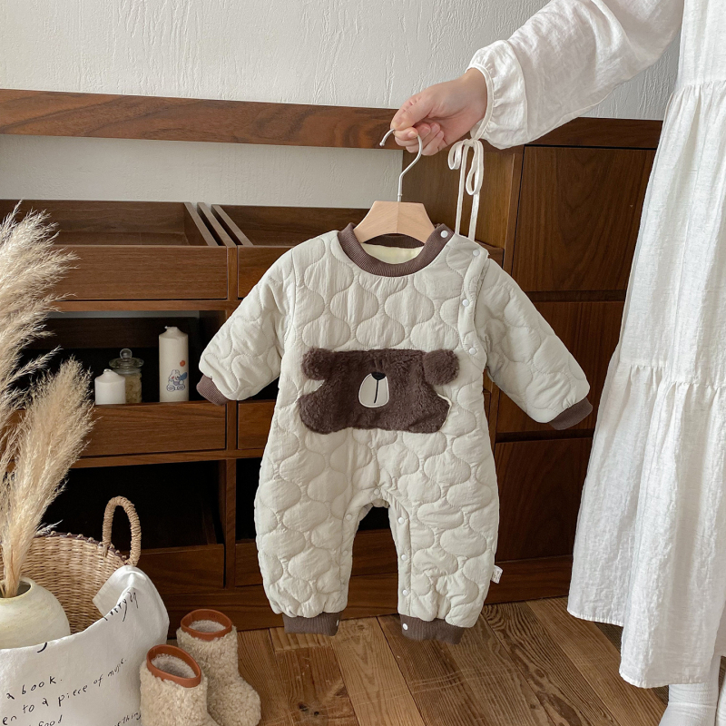 Rompers za bebe s fleece podstavom, džep u obliku medvjeda, najlonska tkanina, zatvaranje preko glave, za novorođenčad 0–1 godina (zima)