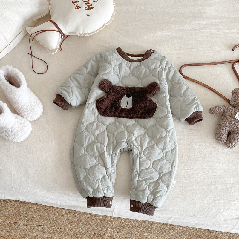 Rompers za bebe s fleece podstavom, džep u obliku medvjeda, najlonska tkanina, zatvaranje preko glave, za novorođenčad 0–1 godina (zima)