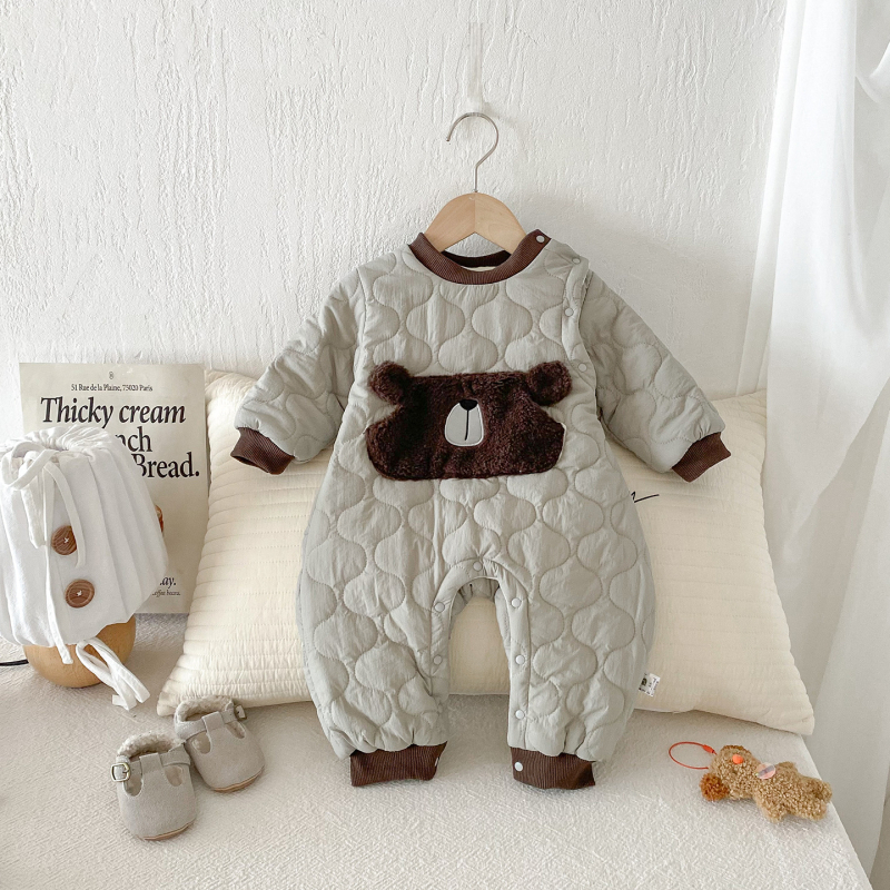 Rompers za bebe s fleece podstavom, džep u obliku medvjeda, najlonska tkanina, zatvaranje preko glave, za novorođenčad 0–1 godina (zima)