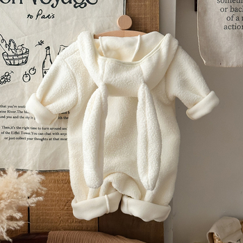 Bejbi jednodelni kombinezon s kapuljačom i ušima zeca, fleece-iznutra, 100% poliester, debeo zimski model, dugi rukavi, unisex, novorođenče