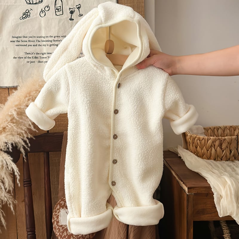 Bejbi jednodelni kombinezon s kapuljačom i ušima zeca, fleece-iznutra, 100% poliester, debeo zimski model, dugi rukavi, unisex, novorođenče