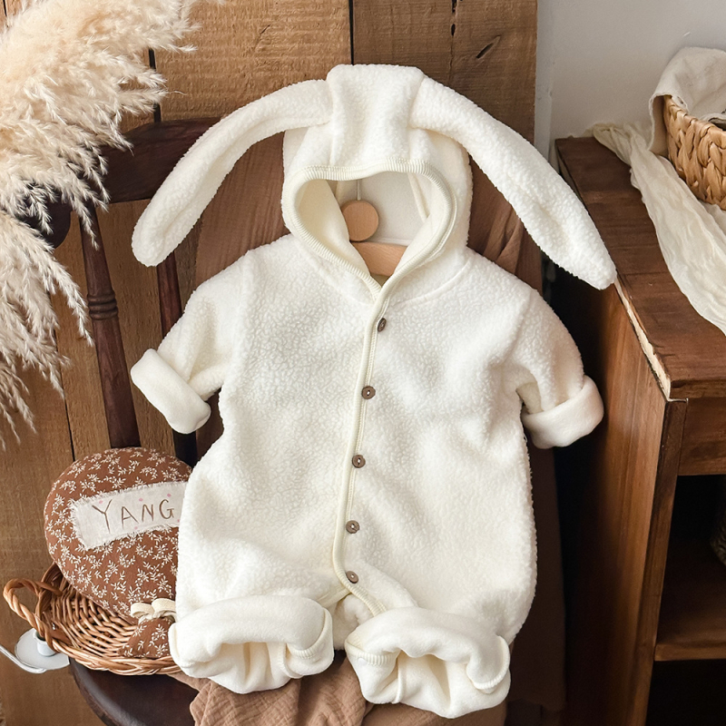 Bejbi jednodelni kombinezon s kapuljačom i ušima zeca, fleece-iznutra, 100% poliester, debeo zimski model, dugi rukavi, unisex, novorođenče