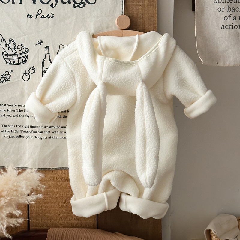 Bejbi jednodelni kombinezon s kapuljačom i ušima zeca, fleece-iznutra, 100% poliester, debeo zimski model, dugi rukavi, unisex, novorođenče