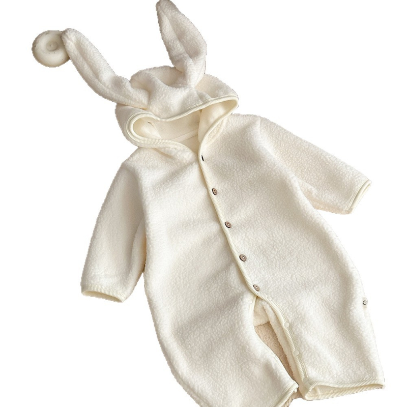 Bejbi jednodelni kombinezon s kapuljačom i ušima zeca, fleece-iznutra, 100% poliester, debeo zimski model, dugi rukavi, unisex, novorođenče