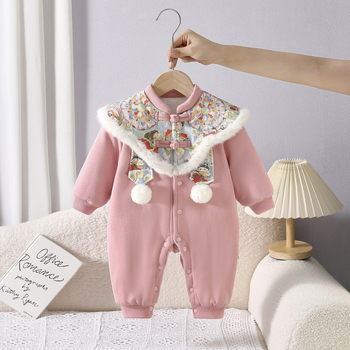 Salopetă din bumbac pentru bebeluți, groasă pentru iarnă, mâneci lungi, 0–1 ani