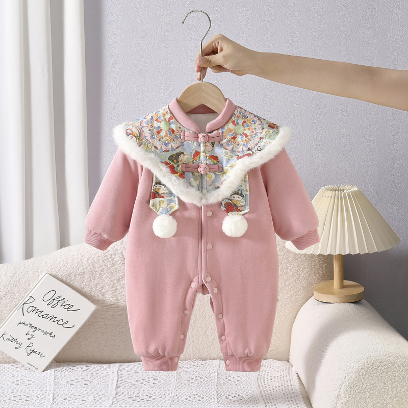 Salopetă din bumbac pentru bebeluți, groasă pentru iarnă, mâneci lungi, 0–1 ani