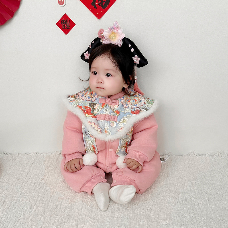 Salopetă din bumbac pentru bebeluți, groasă pentru iarnă, mâneci lungi, 0–1 ani