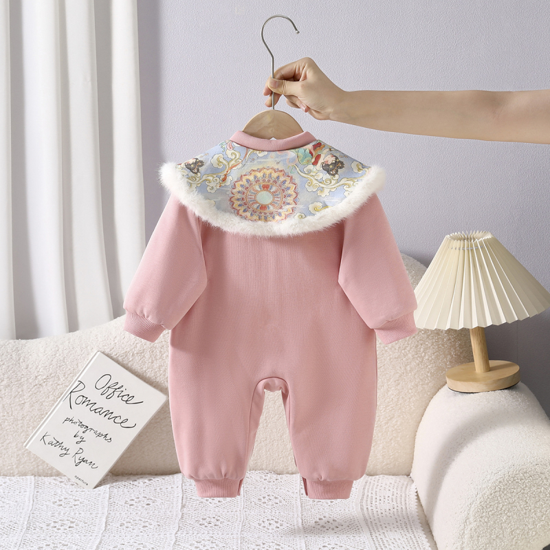 Salopetă din bumbac pentru bebeluți, groasă pentru iarnă, mâneci lungi, 0–1 ani
