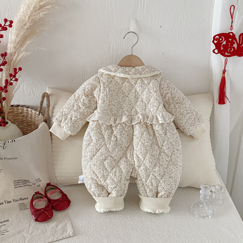 Salopetă pentru nou-născuți, iarnă, 95% bumbac, imprimeu floral, mâneci lungi