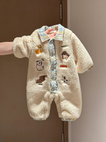 Salopetă de iarnă pentru bebeluți, cu căptușeală groasă din velur, unisex, model cartoon, 100% poliester, menține căldura, pentru vârsta 1–3 ani