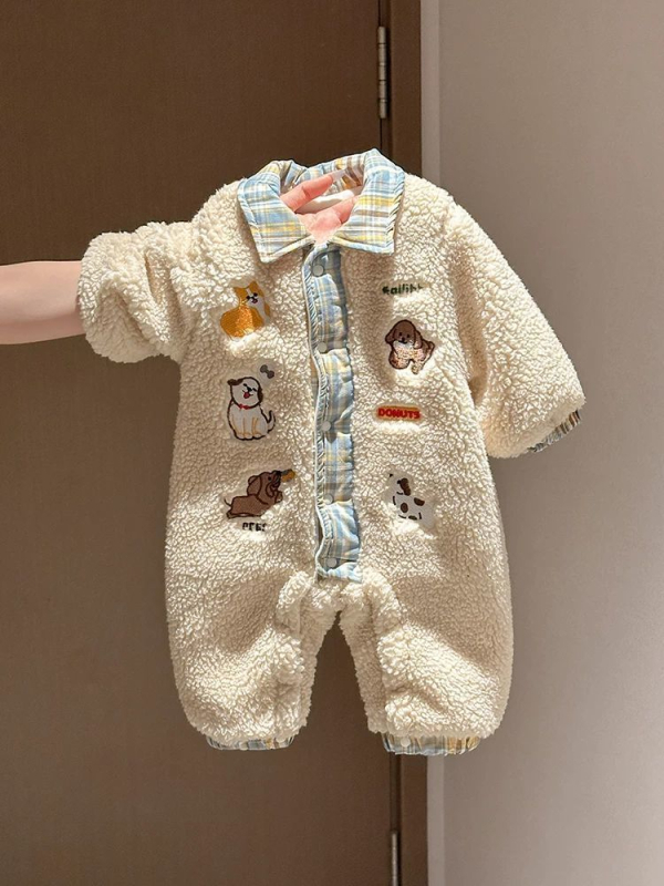 Salopetă de iarnă pentru bebeluți, cu căptușeală groasă din velur, unisex, model cartoon, 100% poliester, menține căldura, pentru vârsta 1–3 ani