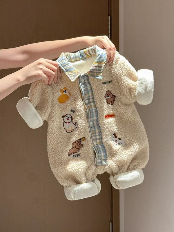 Salopetă de iarnă pentru bebeluți, cu căptușeală groasă din velur, unisex, model cartoon, 100% poliester, menține căldura, pentru vârsta 1–3 ani