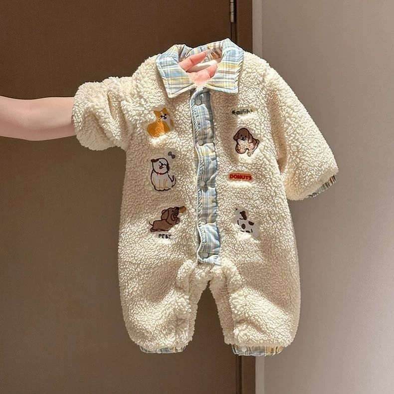 Salopetă de iarnă pentru bebeluți, cu căptușeală groasă din velur, unisex, model cartoon, 100% poliester, menține căldura, pentru vârsta 1–3 ani