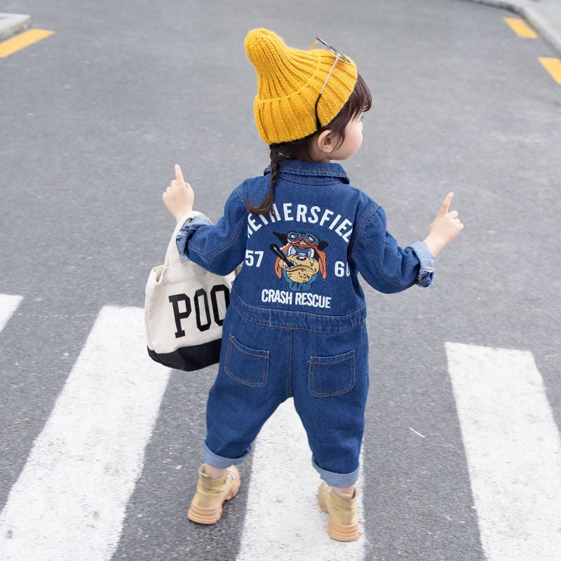 Denim kombinezon za djecu, dugi rukavi, unisex, crtani motiv, proljeće–jesen.