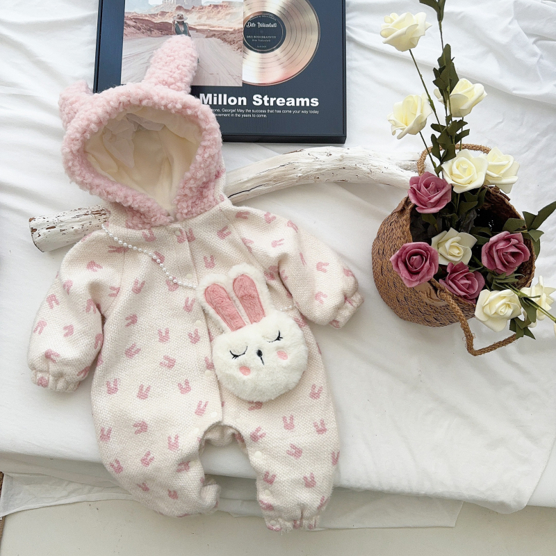 Salopetă de iarnă pentru fetiță nou-născută, cu glugă, căptușeală fleece, mâneci lungi, 100% poliester