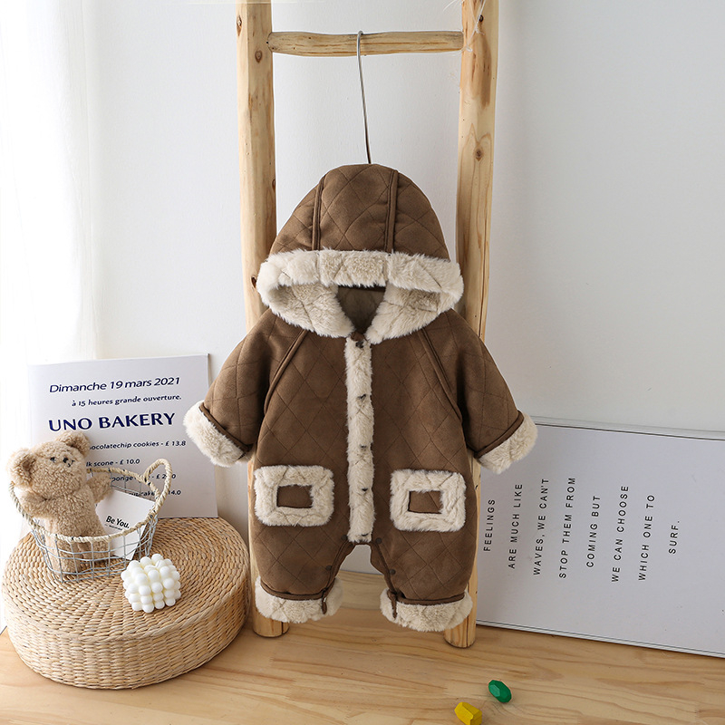 Body de iarnă pentru bebeluși, cu căptușeală fleece, stil coreean, din poliester gros, potrivit pentru sugari și copii 1–3 ani