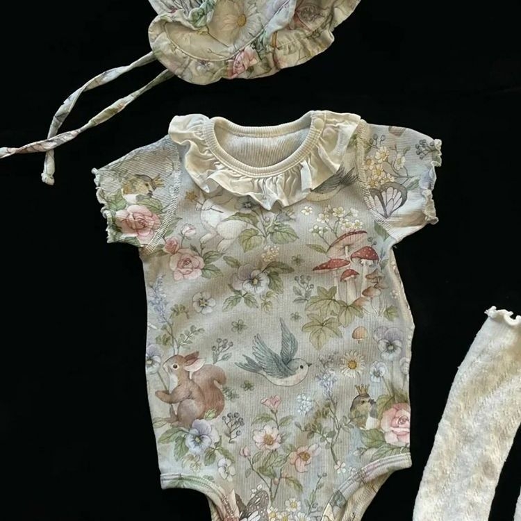 Romper za bebu s floralnim uzorkom, korejskog stila, 100% pamuk, kratki rukavi, odvojiva kapuljača, za novorođenčad 0–12 mjeseci, zatvaranje jednim redom gumba