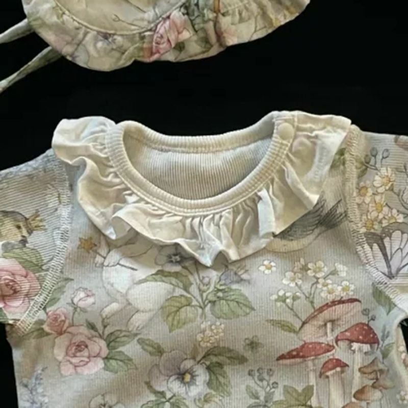 Romper za bebu s floralnim uzorkom, korejskog stila, 100% pamuk, kratki rukavi, odvojiva kapuljača, za novorođenčad 0–12 mjeseci, zatvaranje jednim redom gumba