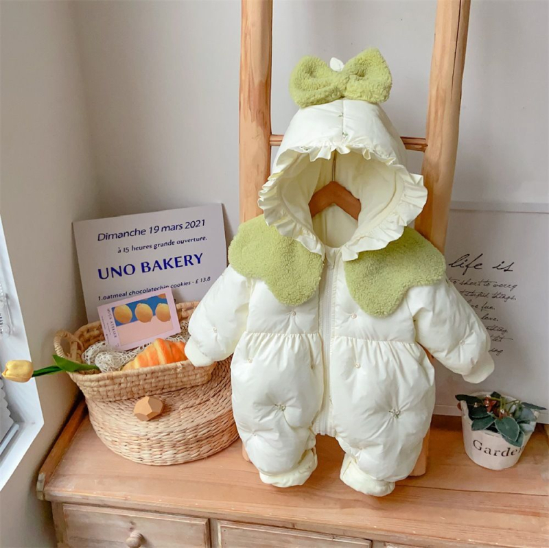 Újszülött lányok téli quiltelt overál kapucnival, hosszú ujjú, cipzáras záródás, vastag poliészter