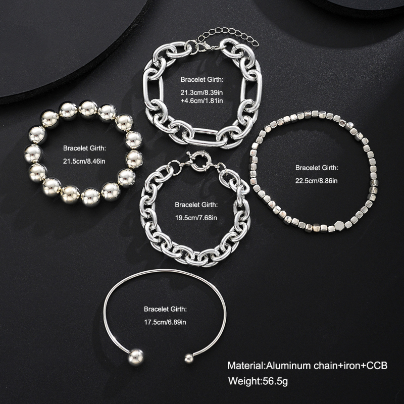 Set de brățări — geometrice, cu mai multe straturi, deschise, lanț din aluminiu și fier, placare electrolitică, 5 piese, marca Yajuan