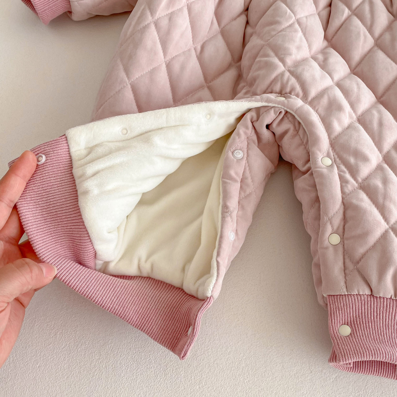 Salopetă de iarnă pentru bebeluți, cu căptușeală de fleece și bumbac matlasat, model iepuraș drăguț pentru fetițe nou-născute, groasă și caldă, mâneci lungi