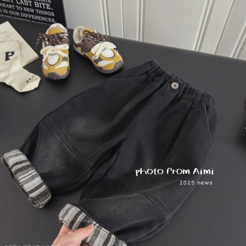 Jeansi pentru copii din denim cu căptușeală fleece, croială dreaptă, talie medie, 80% bumbac, atingere moale